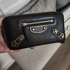 Balenciaga Black Leather Wallet with Gold Accents